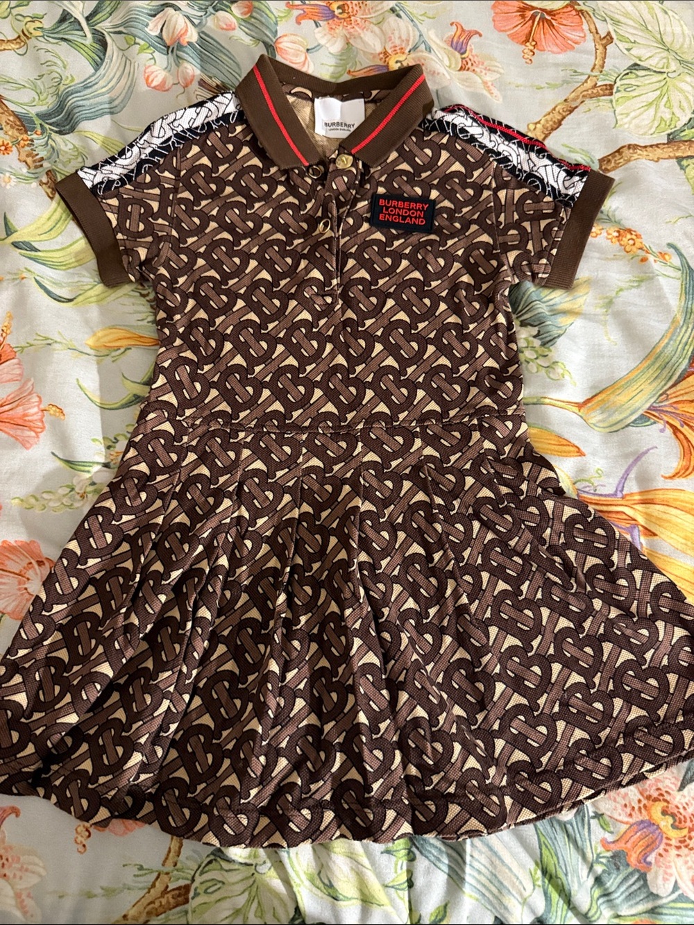 Burberry Brown Monogram Polo Dress with Red Trim